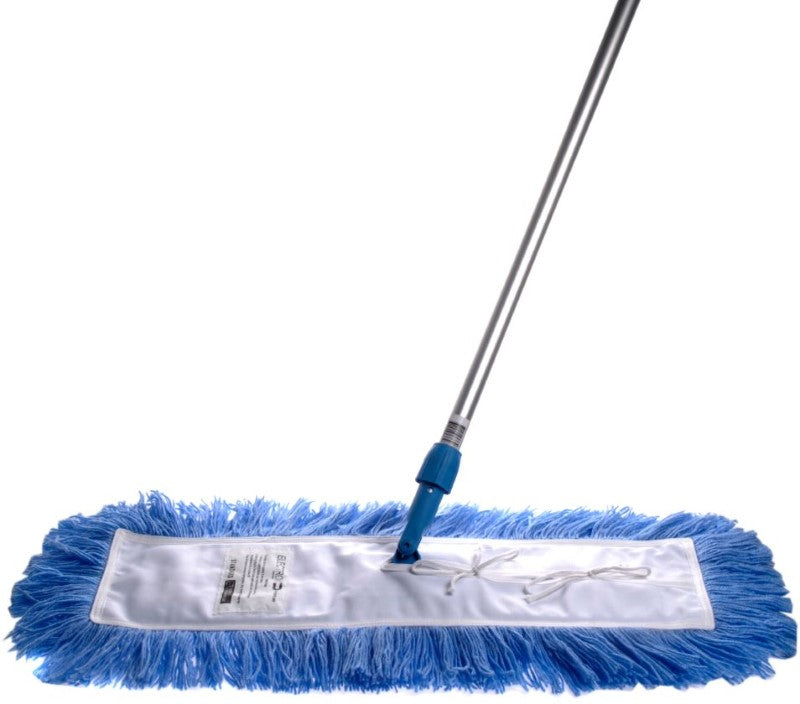 Blue dust control mop with robust metal frame, swivel head, and replaceable fringe pad, 910mm wide for efficient cleaning.