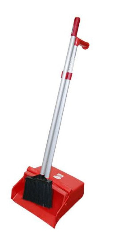 Lobby Upright Brush & Pan Set in red, featuring durable construction and a pistol grip for easy and efficient cleaning.