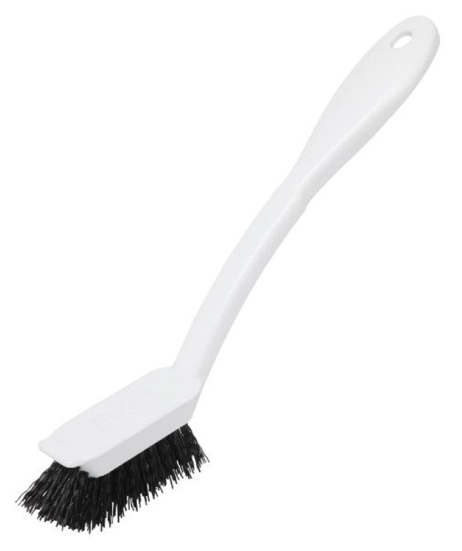 Ergonomic white grout brush with stiff bristles and built-in scraper for effective cleaning of grout lines and tiles.