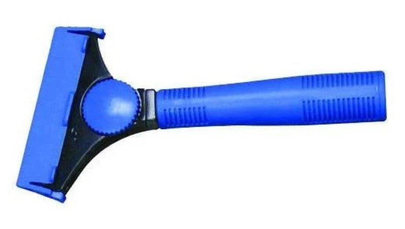 Blue floor and window scraper, 210mm long, with a 100mm blade for removing tough grime and gum easily.