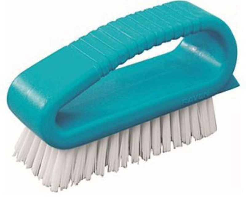 Blue Loop Scrubbing Brush with stiff bristles and rear scraper, designed for tough cleaning tasks and comfortable grip.