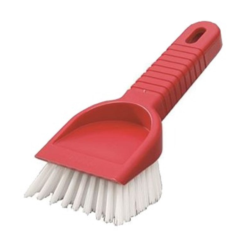 Bright red corner scrubbing brush with stiff bristles and ergonomic grip, perfect for tackling tough dirt in tight spaces.