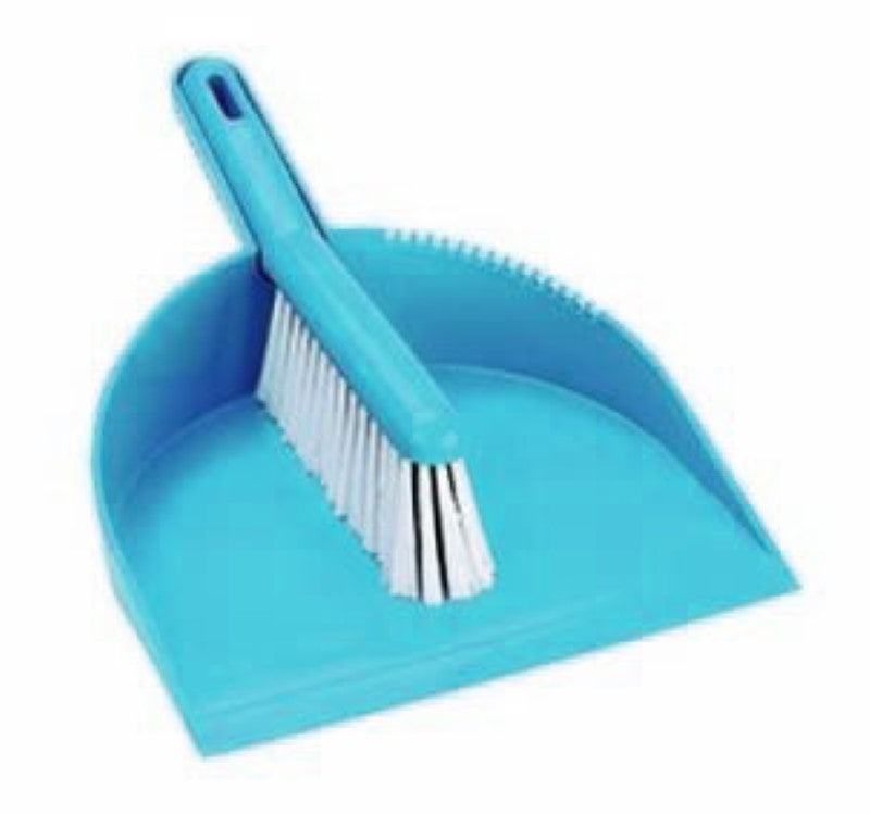 Deluxe Blue Brush & Pan Set featuring soft bristles for fine dust, durable pan with serrated edge for efficient cleaning.