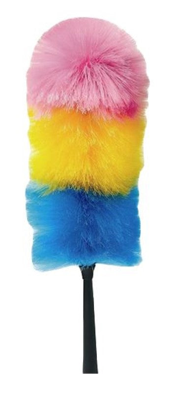 Vibrant rainbow duster with electrostatic fibres for effective dust removal; soft, washable, and easy to maneuver.