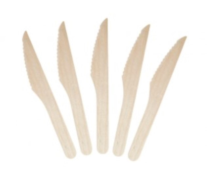 Eco-friendly wooden knives, 165mm long, in a box of 1000, perfect for sustainable dining and reducing plastic waste.