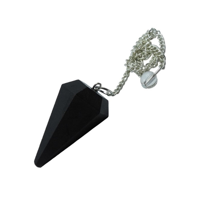 Black Obsidian 6 Facet Pendulum/Pendant, 4 cm long, enhances spiritual journeys, protects against negativity, features a unique design.