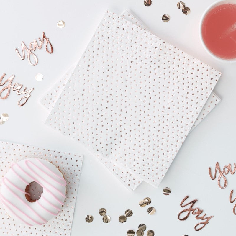Rose gold 3-ply napkins in a pack of 16, elegant design for parties, featuring stunning foil accents.