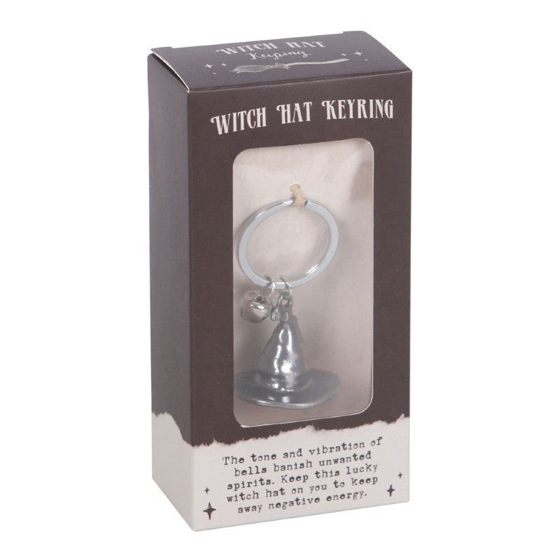 Charming silver-tone witch hat keyring with jingle bell, perfect for witch enthusiasts and magical accessory lovers.