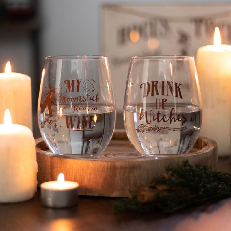 Drink Up Witches Stemless Glass featuring whimsical design, perfect for Halloween parties and everyday enjoyment.
