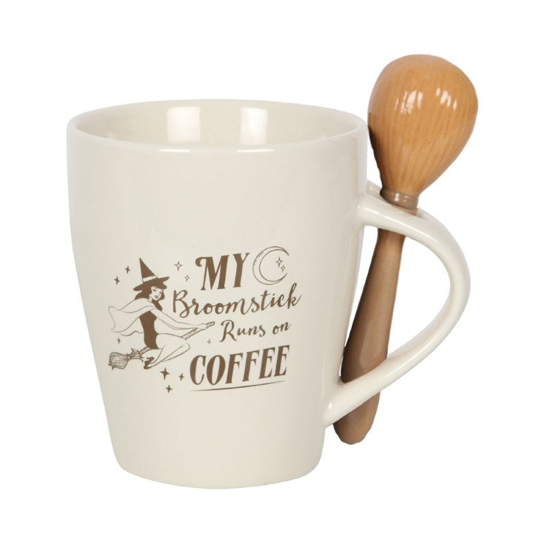 Enchanting coffee mug featuring a flying witch, whimsical text, and slotted handle for broom spoon, 500ml capacity.