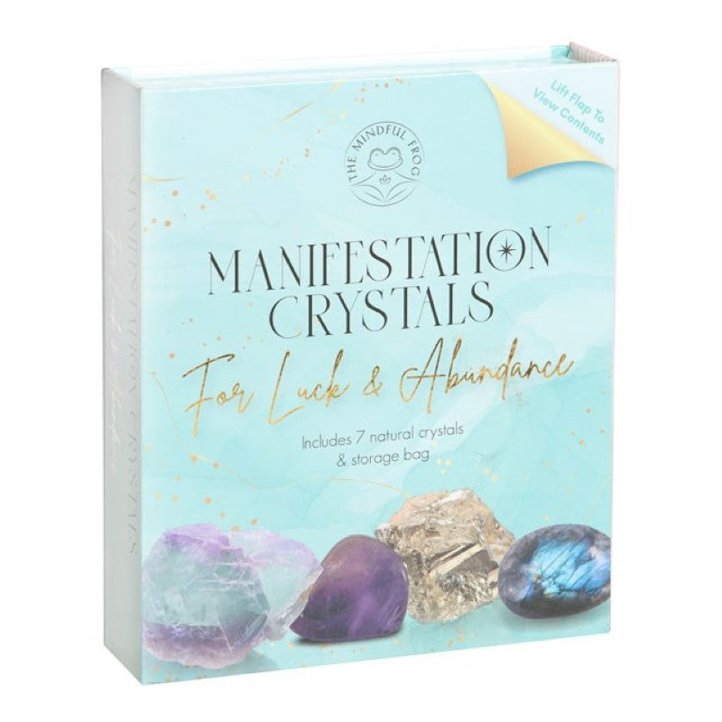 Manifestation Crystal Gift Set with 7 natural gemstones in a faux leather bag, designed for attracting abundance and inner peace.