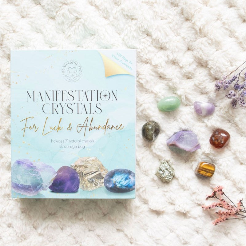 Manifestation Crystal Gift Set featuring seven natural crystals in a stylish faux leather bag for attracting positive energy and abundance.
