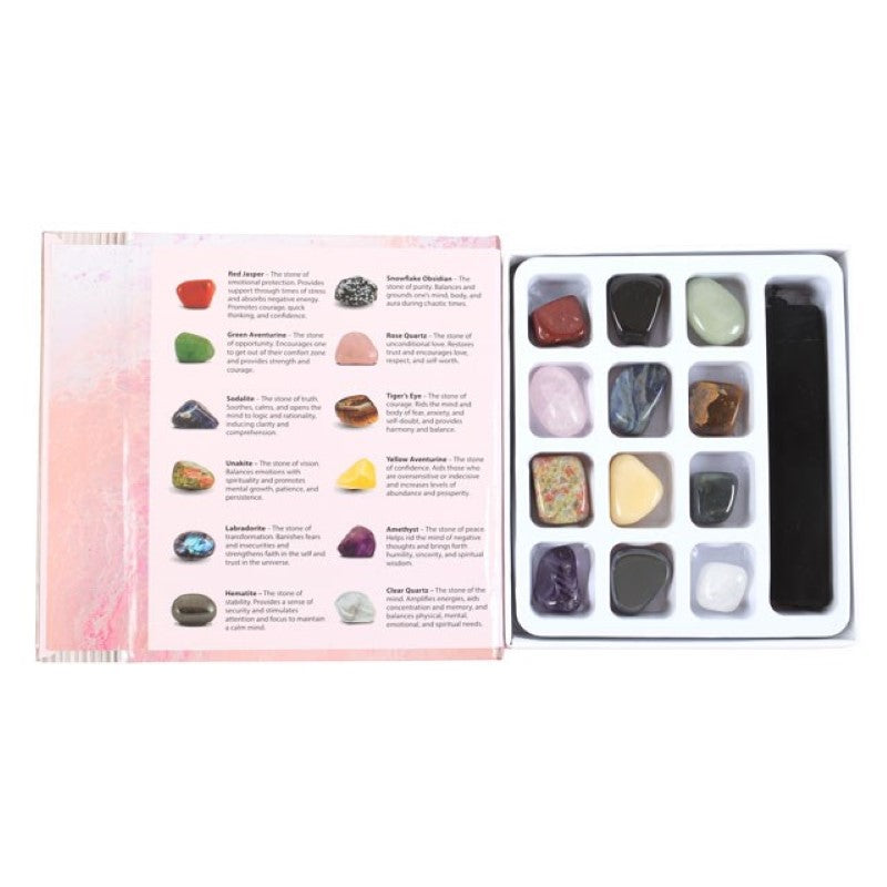 A curated gift set featuring 12 tumblestones, including rose quartz and amethyst, for crystal healing and chakra balance.