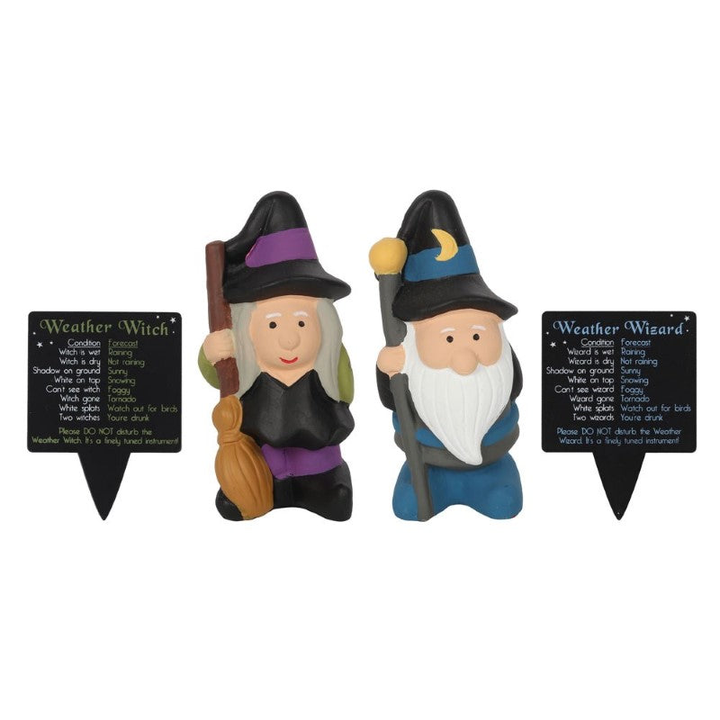 Pack of 12 whimsical weather forecasting gnomes, each with unique signs indicating various weather conditions for gardens.