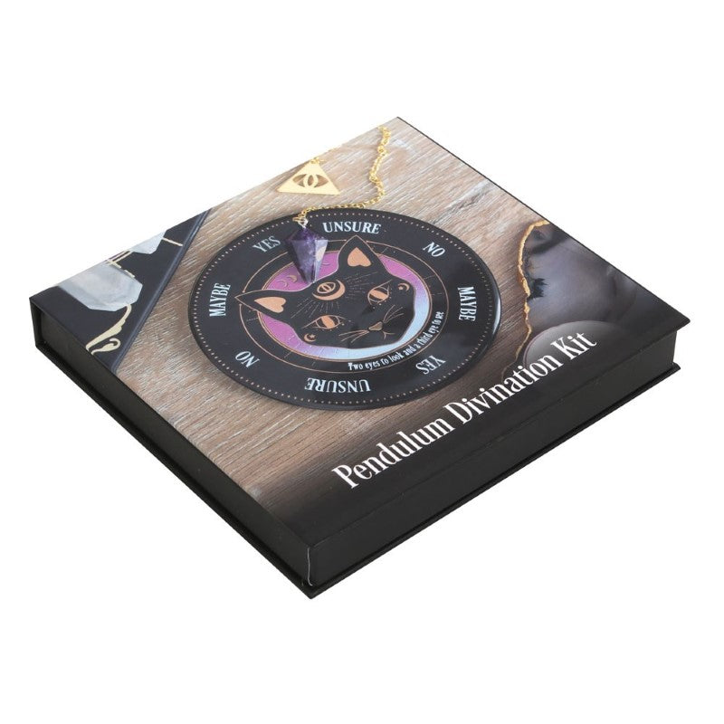 Mystic Mog Pendulum Kit featuring an amethyst crystal pendulum and third eye divination board for intuitive insights.