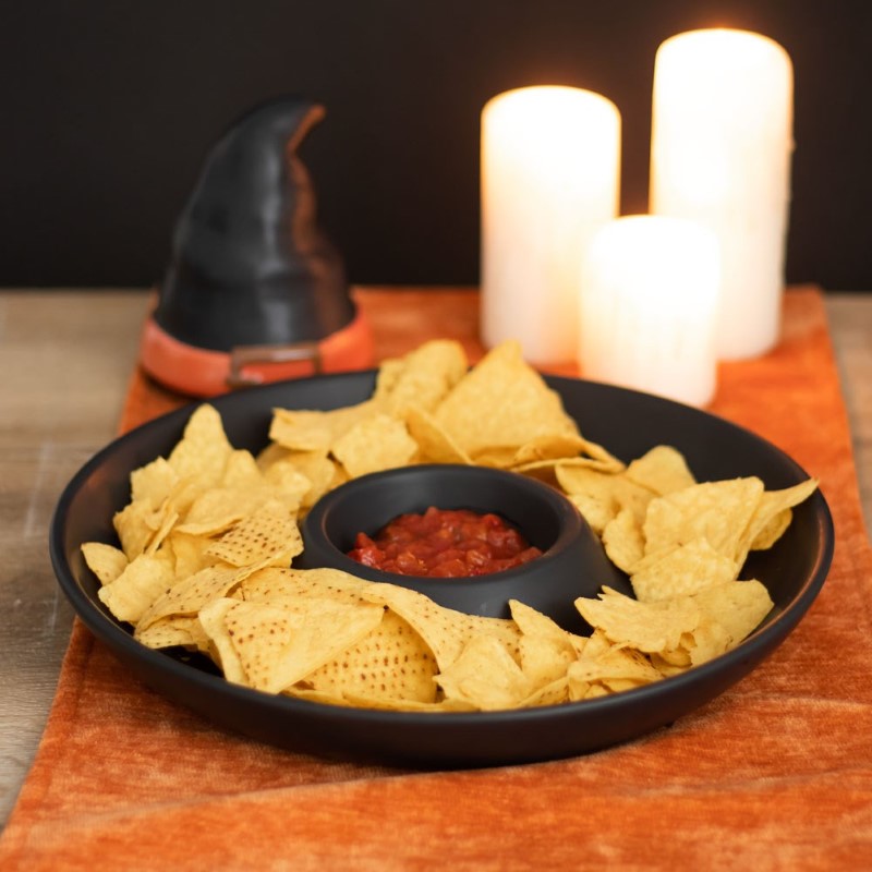Witch Hat Chip & Dip Dish designed for Halloween, featuring a hat lid with a dip dish and a brim for chips and snacks.