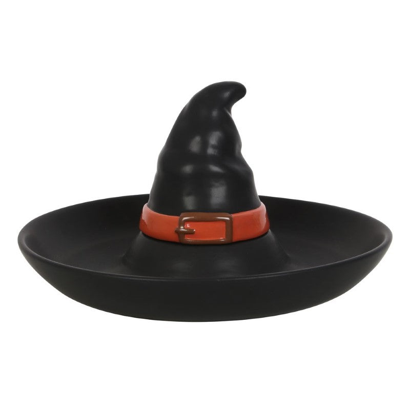 Witch hat-shaped chip and dip dish for Halloween gatherings, featuring a brim for snacks and a dip bowl beneath.