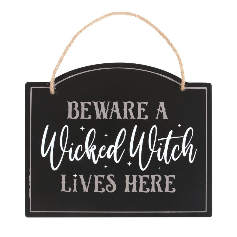 Whimsical Halloween sign reading "Beware a Wicked Witch Lives Here," ideal for decorating doors and entryways.
