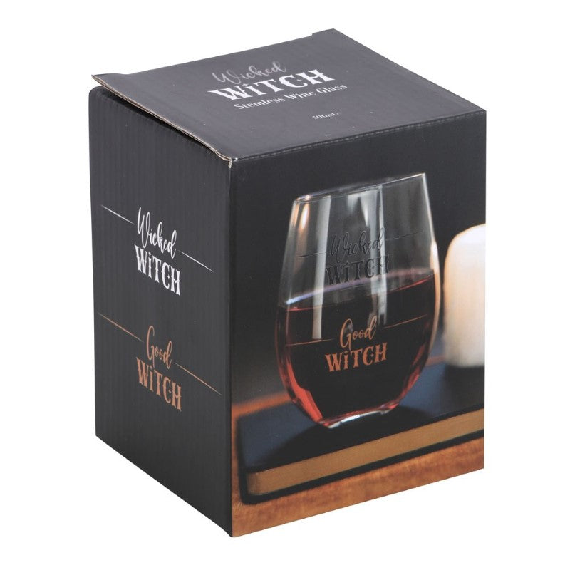 Wicked Witch Stemless Wine Glass with playful 'Wicked Witch' and 'Good Witch' text, perfect for Halloween celebrations.