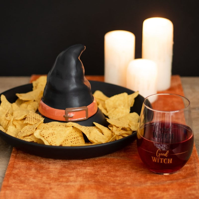 Wicked Witch Stemless Wine Glass with 'Wicked Witch' and 'Good Witch' text, perfect for sipping cocktails at Halloween parties.