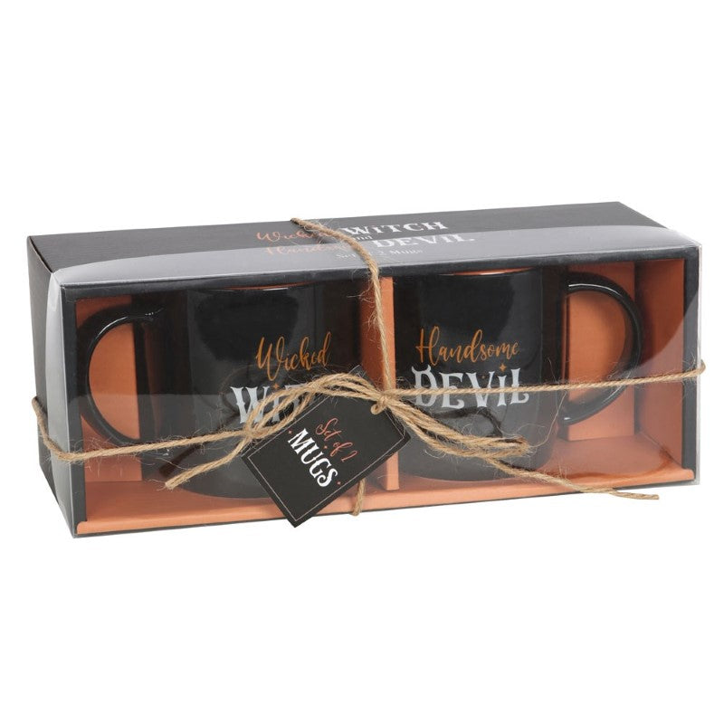Wicked Witch and Handsome Devil double mug set featuring playful typography, 500ml capacity, dishwasher and microwave safe.