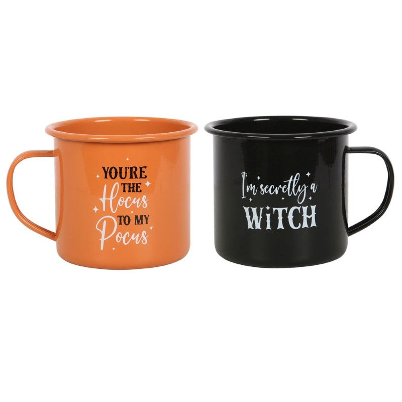 Set of 2 enamel mugs featuring whimsical witch-themed sayings for enchanting sips and Halloween décor.