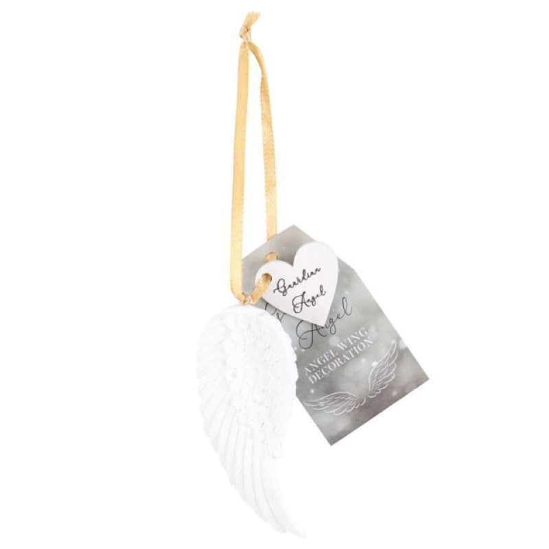 Guardian Angel Hanging Angel Wing ornament with intricate details, gold ribbon, symbolizing protection and love.