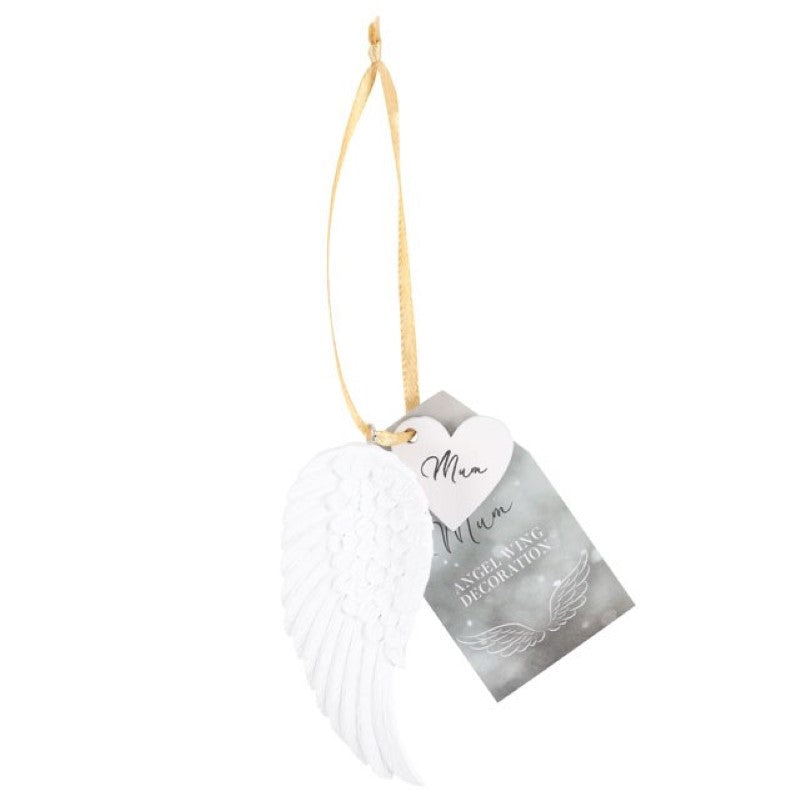 Delicate hanging angel wing ornament with gold ribbon, celebrating the love and nurturing spirit of mothers everywhere.