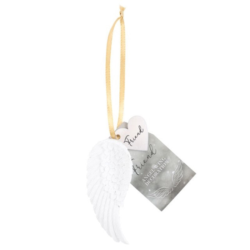 Delicate angel wing ornament with gold ribbon, symbolizing friendship, perfect for home decor or a sentimental gift.