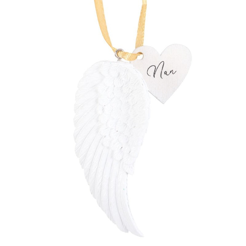 Delicate Nan Hanging Angel Wing ornament on gold ribbon, symbolizing grandmother's love and care, perfect for home decor.