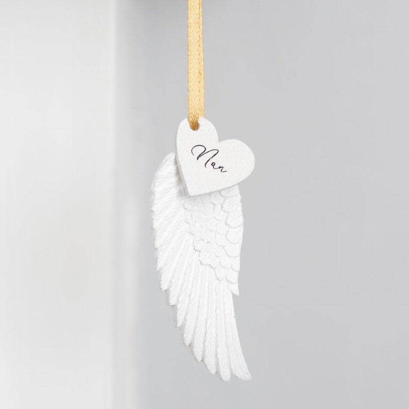 Decorative Nan Hanging Angel Wing ornament celebrating grandmothers, with a gold ribbon for easy hanging.