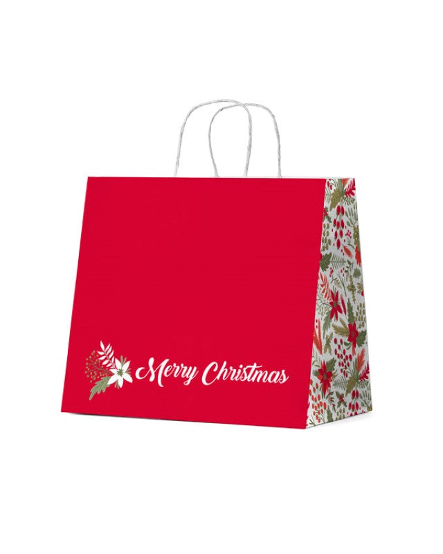Large Christmas gift bag with vibrant Xmas flowers and berries on white, ideal for festive gifting.