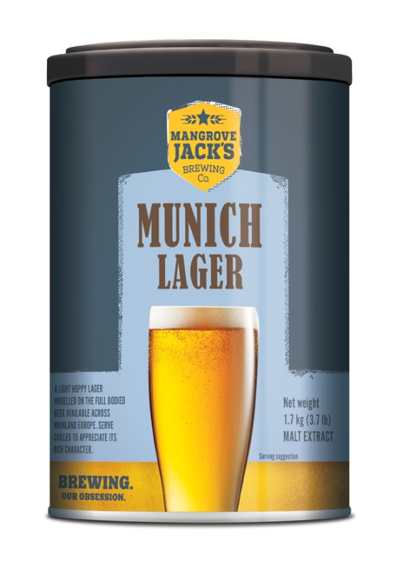 Alt text: "Mangrove Jack's Munich Lager kit 1.7kg for brewing a light, hoppy lager with a rich taste and 4.5% ABV."
