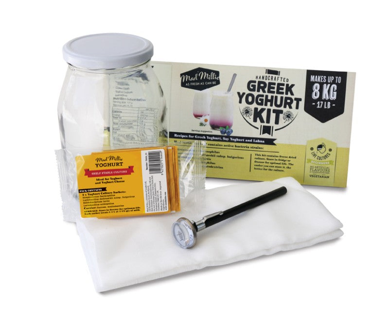 Mad Millie Greek Yoghurt Kit enables homemade probiotic Greek yoghurt, soy yoghurt, and Labna with included tools and cultures.