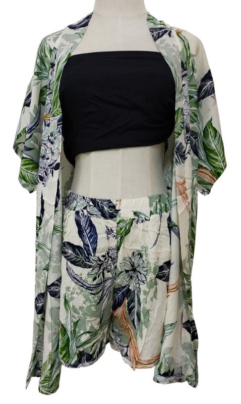 Lightweight shorts set featuring a floral kimono and chic shorts, perfect for summer outings and casual wear.
