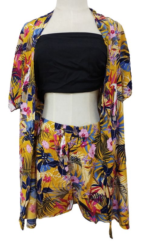 Vibrant yellow shorts set featuring a parrot on monstera print, lightweight kimono, and adjustable waist for summer comfort.