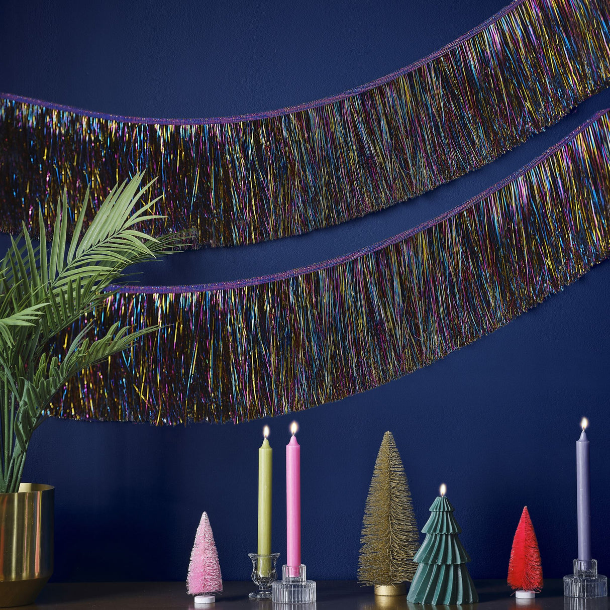 Vibrant multicolored tinsel garland, 20cm x 2m, perfect for festive holiday decorating and eco-friendly packaging.