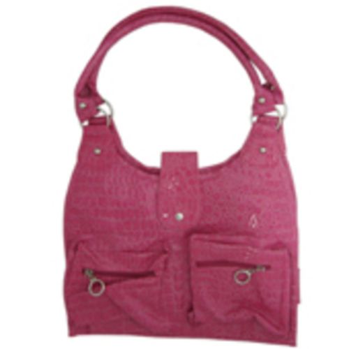 Chic pink croc handbag with zippered pockets, crafted from shiny PU leather for elegance and functionality.