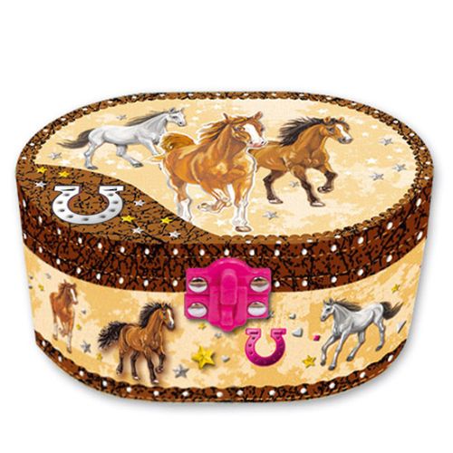 Oval horse musical jewelry box with twirling figurine, perfect for storing treasures and inspiring imaginative play.