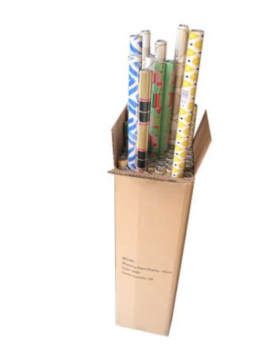Colorful wrapping paper display featuring 60 sheets in five stylish designs, perfect for any gift-giving occasion.
