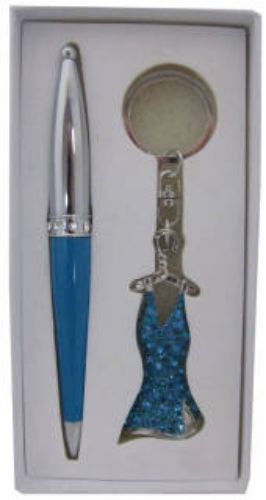 Charming stationery set with a smooth blue pen and stylish blue dress keyring for practical elegance and vibrant flair.