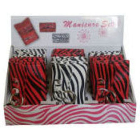 Zebra print manicure set display with 12 stylish 6pc sets, featuring high-quality tools for salon-fresh nail care.