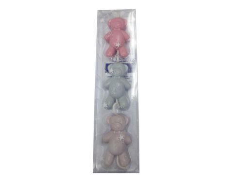 Charming bear-shaped soap bars on rope, perfect for fun baths and bathroom decor, available as a 3-piece set.