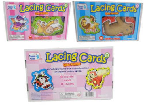 Bright pink lacing cards for kids, featuring 8 animal designs to boost hand-eye coordination and fine motor skills.