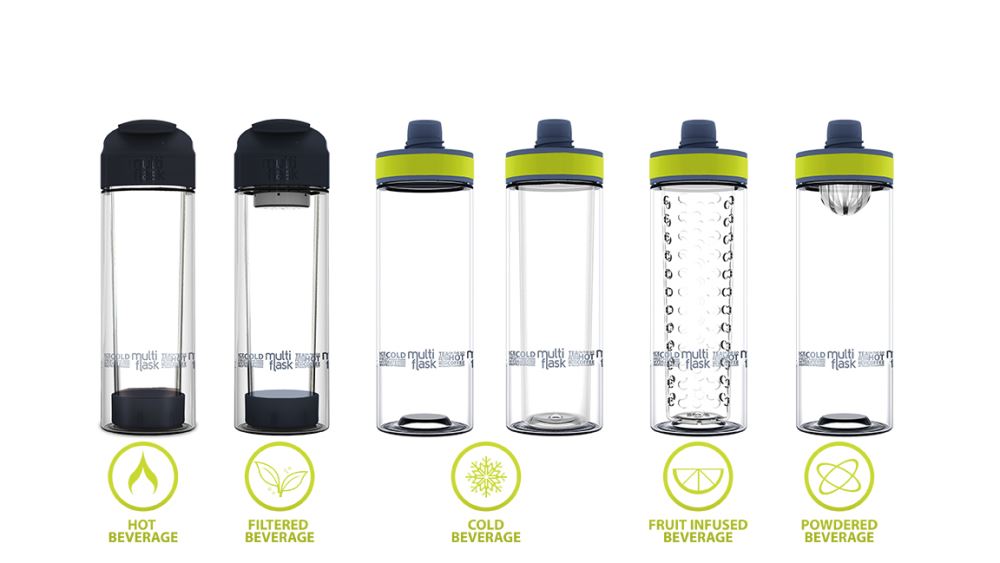 Multi Flask 6 Ways with customizable parts for versatile hydration, featuring a glass inner and tritan outer for durability.
