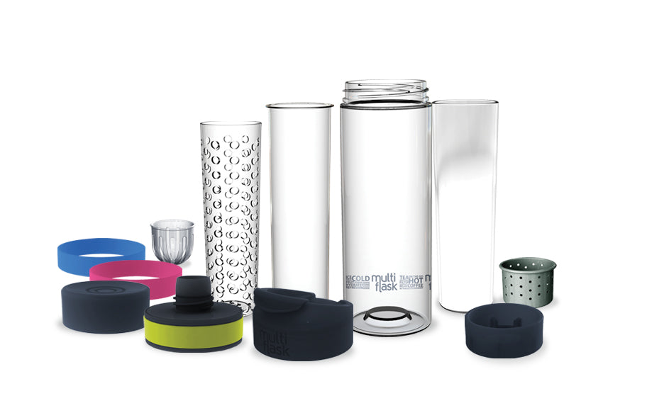 Innovative Multi Flask 6 Ways combines glass and tritan for versatile hydration with six configurations and a soft spout.