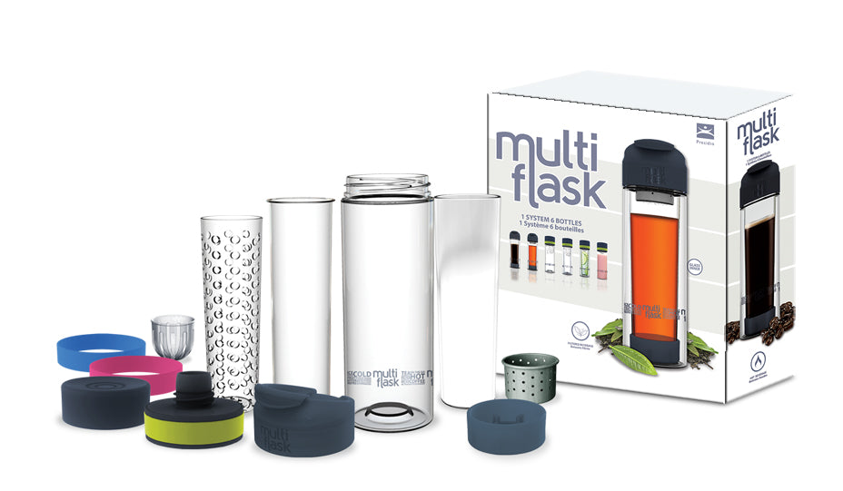 Multi Flask 6 Ways: versatile hydration system with customizable parts for hot drinks, smoothies, and fruit infusions.