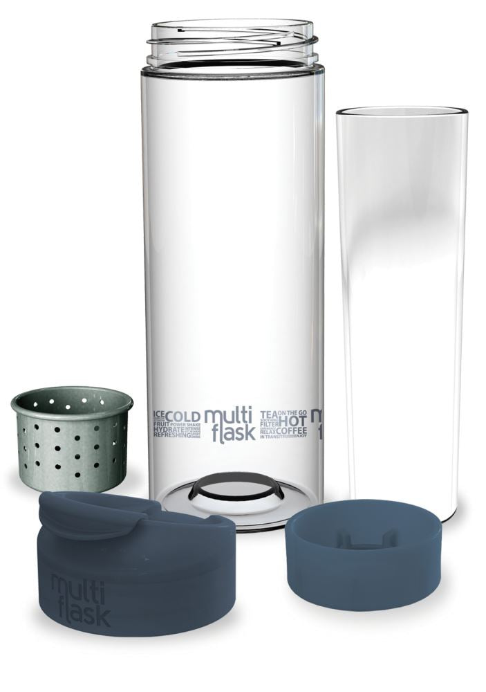 Multi Flask 3 Ways: versatile hydration solution that brews tea, holds hot/cold drinks, with durable glass and Tritan design.