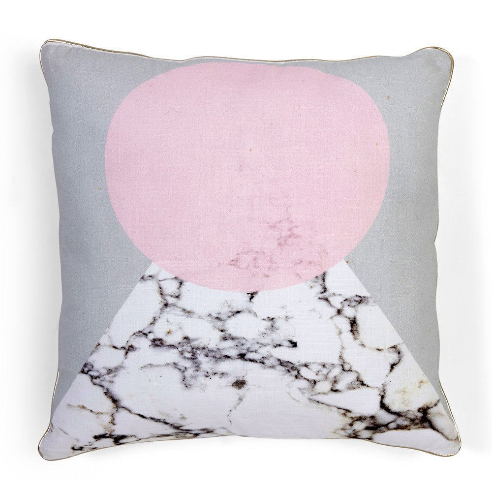 White marble printed cushion with pink moon design and gold leatherette piping, perfect for modern home decor, 50cm.