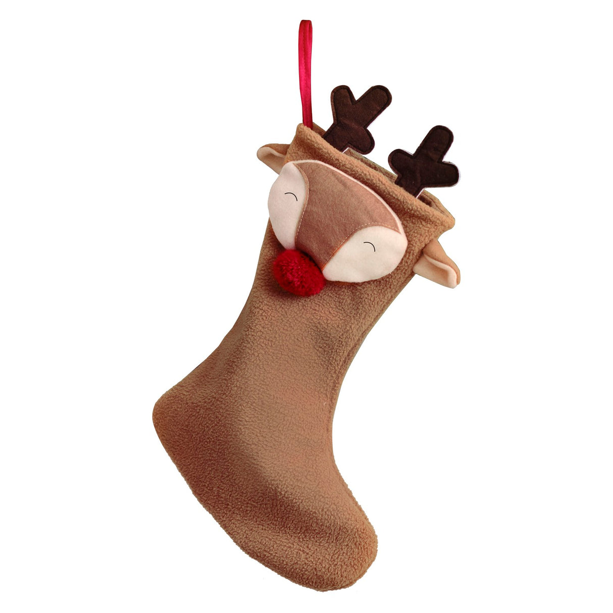 Handcrafted Merry Little Reindeer Christmas Stocking with red pom pom nose, eco-friendly, and perfect for holiday traditions.